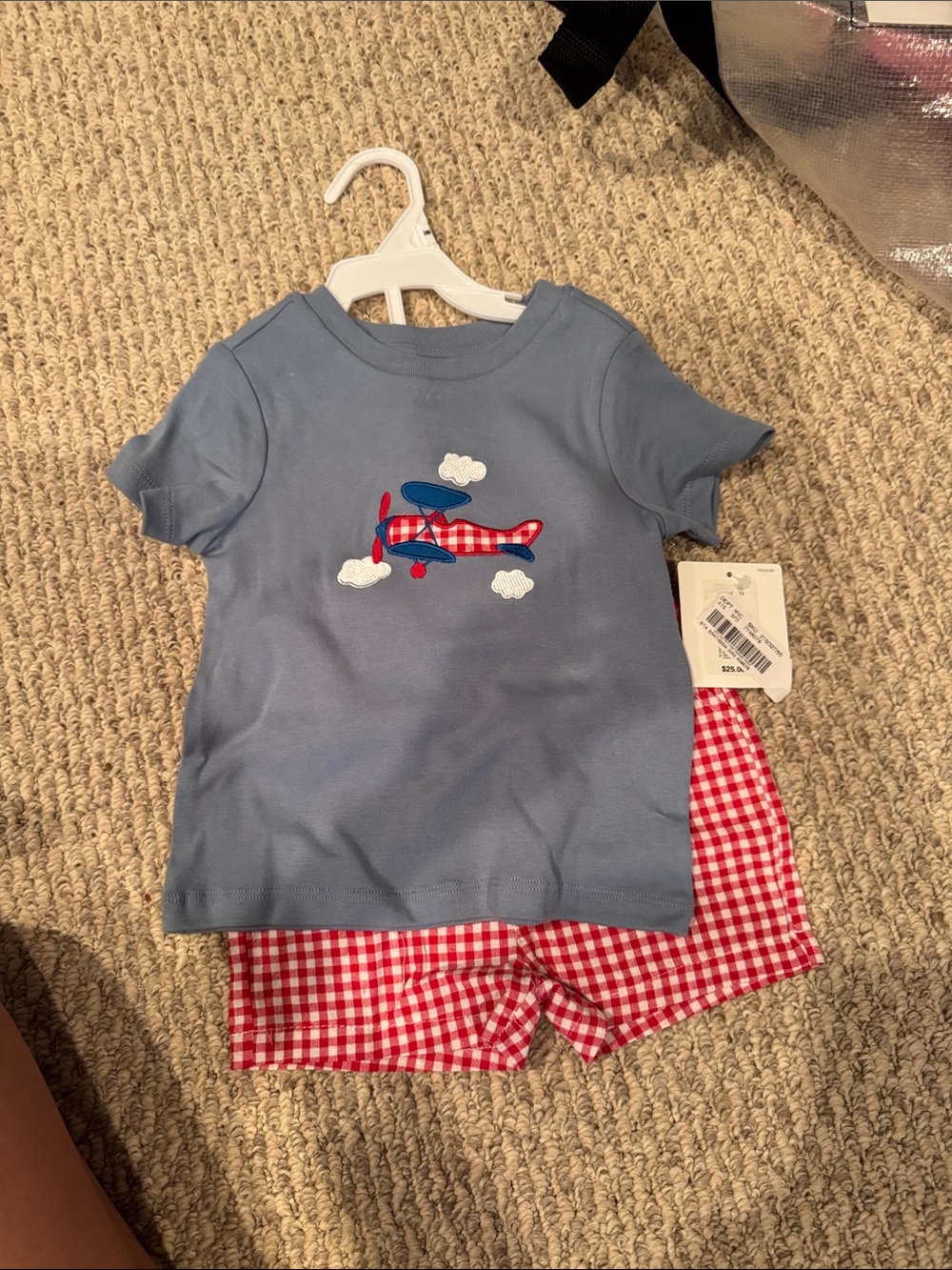 Starting Out Blue Airplane Tee with Red Gingham Shorts